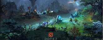 Klip z rozgrywki Dota 2 przedstawiający fantastyczne pole bitwy z bohaterami, stworzeniami i strukturami podczas emocjonującej rozgrywki wieloosobowej.
