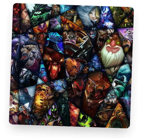 Kolaż bohaterów Dota 2 z różnymi postaciami fantasy, charakteryzujący się żywymi kolorami i szczegółowymi ilustracjami zaczerpniętymi z popularnej gry MOBA.