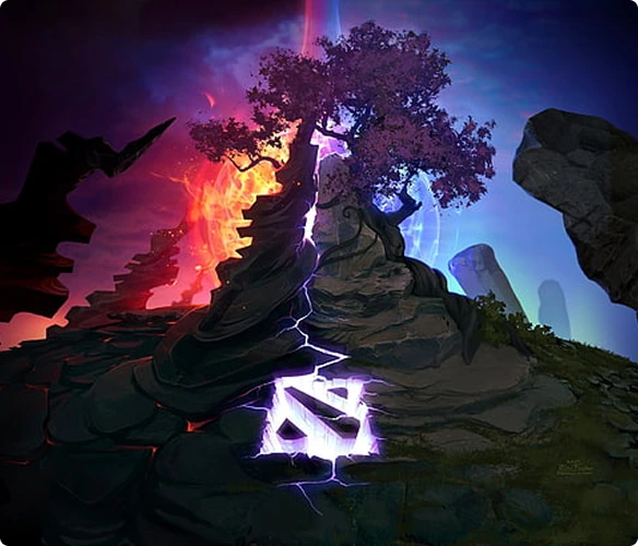 Logo Dota 2 umieszczone na tle imponującego, fantastycznego krajobrazu ze świecącymi efektami, kamiennymi ścianami i mistycznym drzewem w kinowej scenerii.